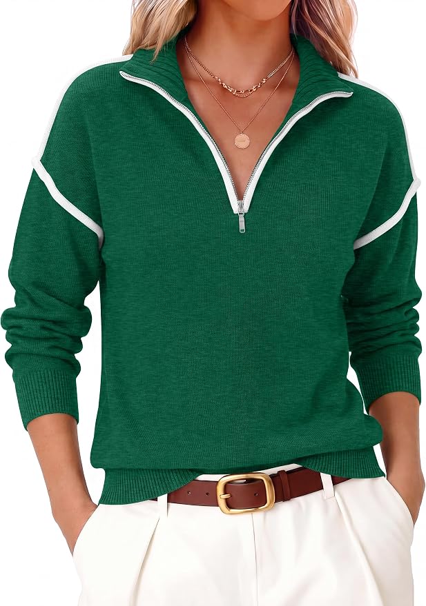 ANRABESS Womens Quarter Zip Sweaters Fall Long Sleeve V Neck Shirts Collared Business Casual Tops Knit Pullover Sweatshirts