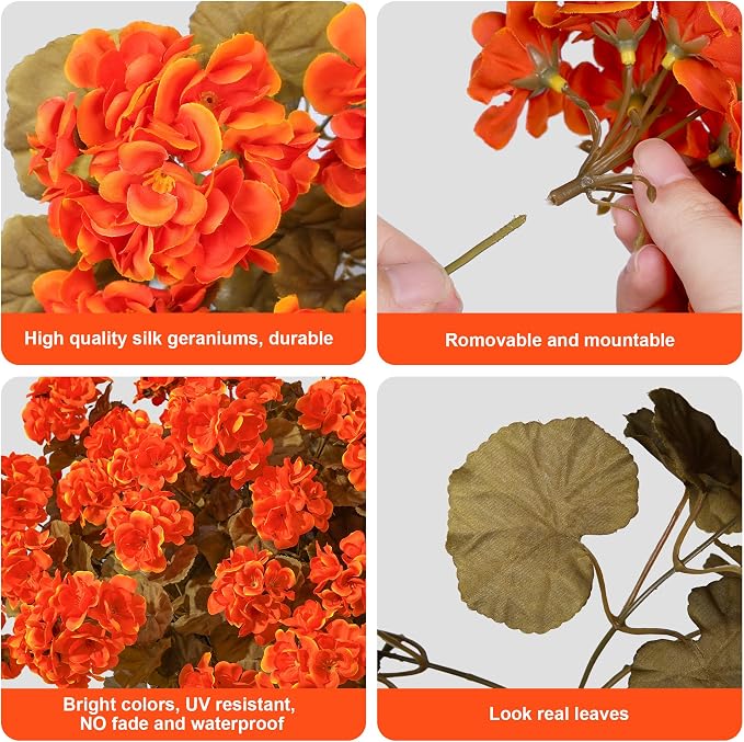 Fake Geraniums Artificial Flowers for Outdoors Fall Autumn Decoration, 6 Bundles Silk Geraniums Look Real Faux Fall Flowers Plants for Front Door Garden Planter Patio Balcony Yard Home Indoor, Orange
