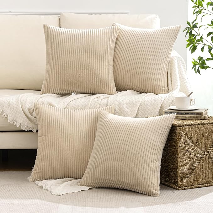 MIULEE Soft Corduroy Decorative Throw Pillow Covers Beige 18x18 | Set of 4, Mordern Nordic Home Decor, All Same Color Set, Boho Farmhouse Cushion Covers for Couch Bed Sofa Living Room