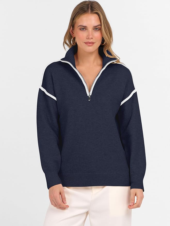 ANRABESS Womens Quarter Zip Sweaters Fall Long Sleeve V Neck Shirts Collared Business Casual Tops Knit Pullover Sweatshirts