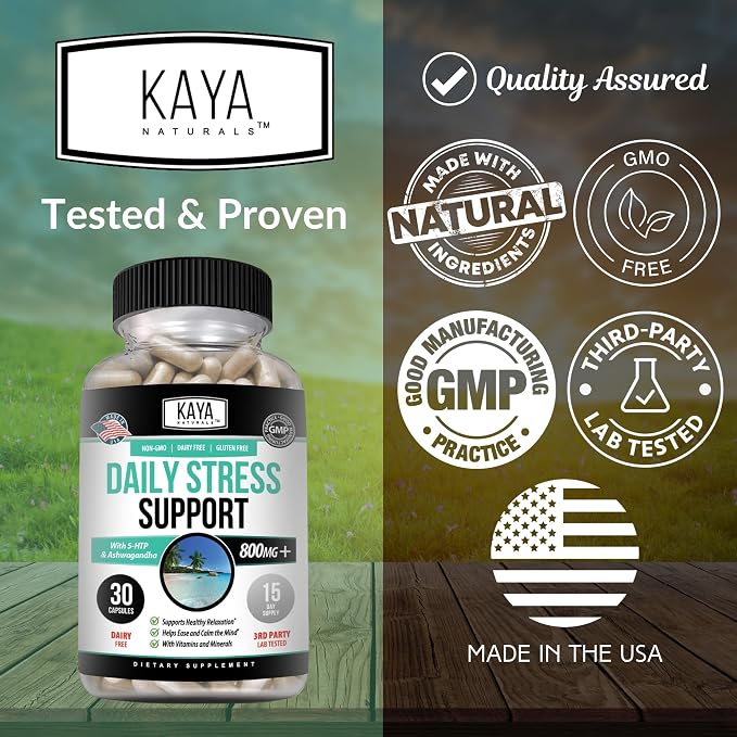Kaya Naturals - Natural Herbal Stress Relief Support Vitamin Supplement to Relax and Calm The Mind - Boost Mood - Happy Pills - Anxiousness Support - 30 Capsules (Pack of 2)