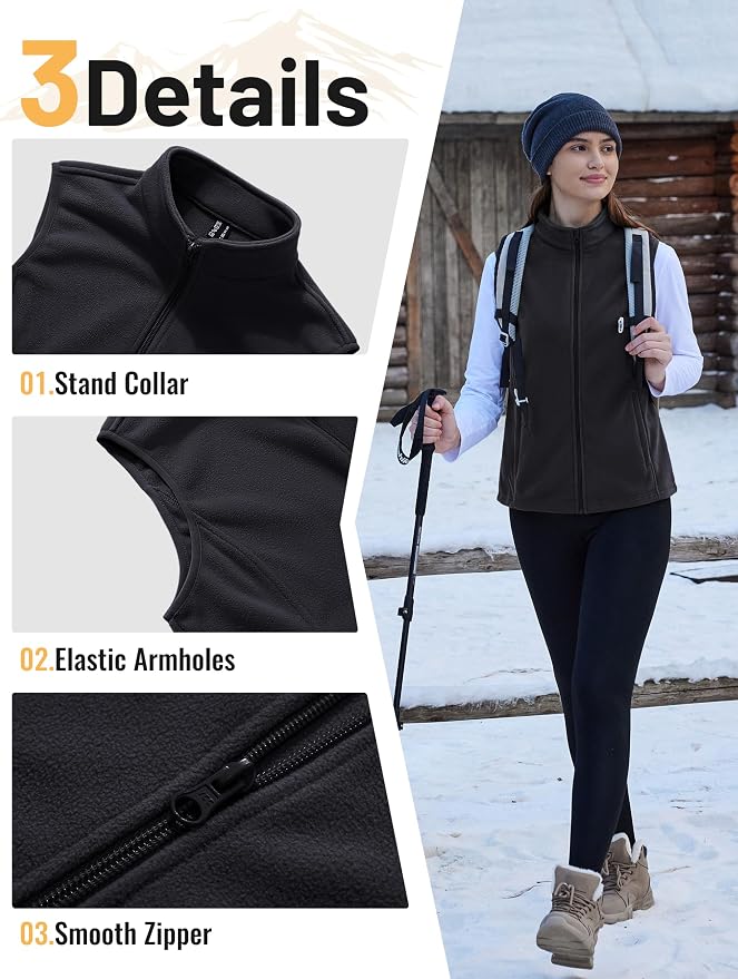 TACVASEN Women's Fleece Vest Lightweight Sleeveless Zip Jacket Outerwear | Soft Polar,Zipper Pockets,Stand Collar,Fall Winter Warm,Outdoor,Athletic,Running,Hiking,Travelling,Golf,Work