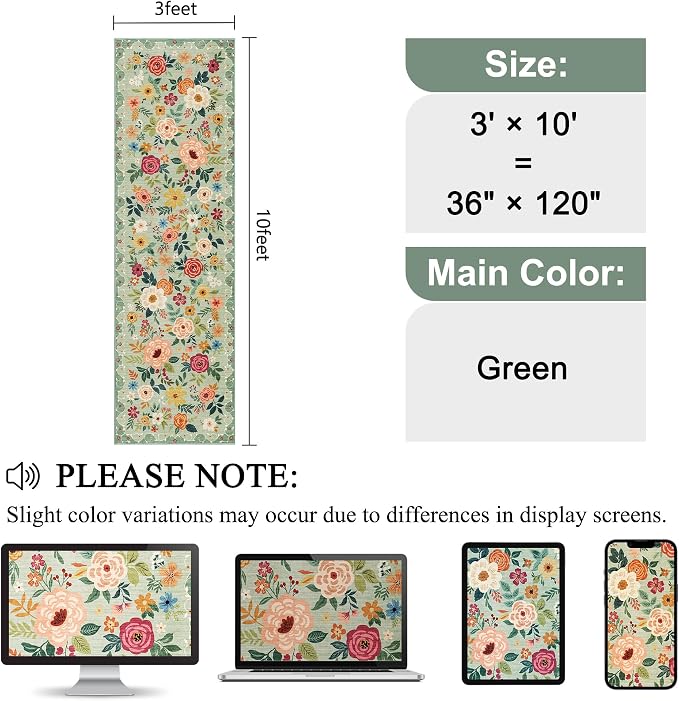 DUKINO 3x10 Runner Rug, Floral Washable Kitchen Runner Rug Non Slip, Green | Soft, Low Pile, Stain Resistant Indoor Rug Runner for Hallway, Entryway, Bedroom, Bathroom, Modern Home Decor, Pet Friendly