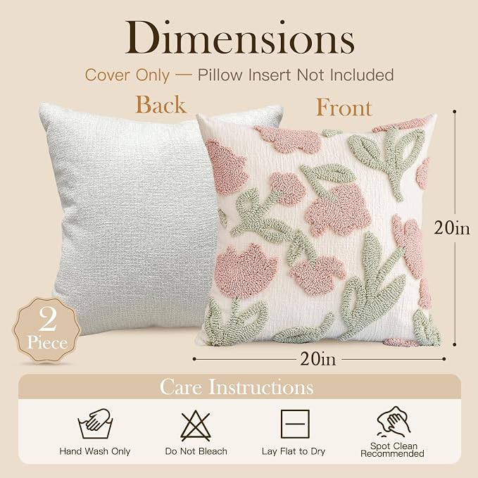 Premium Chenille Embroidered Throw Pillow Covers 20x20 Set of 2, Thick 3D Tufted Pink Floral Decorative Cushion Covers with Hidden Zipper for Couch Sofa Bed Living Room Boho Home Decor