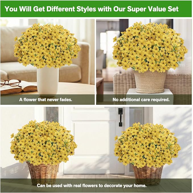 13 Bundles Artificial Flowers for Outdoors Summer Decoration | Silk Realistic UV Resistant Faux Flowers Fake Plants for Outside Planter Porch Yard Patio Garden Home Indoor, Yellow