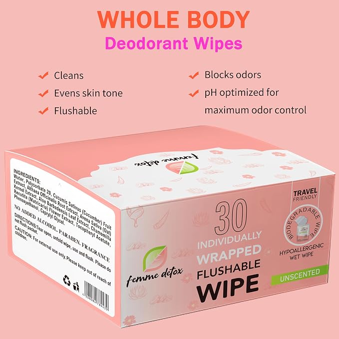 Flushable Feminine Wipes pH-Balanced & Unscented for Sensitive Skin | Individually Wrapped, Septic-Safe, Aloe-Infused | Travel & Home Use (60 Count)
