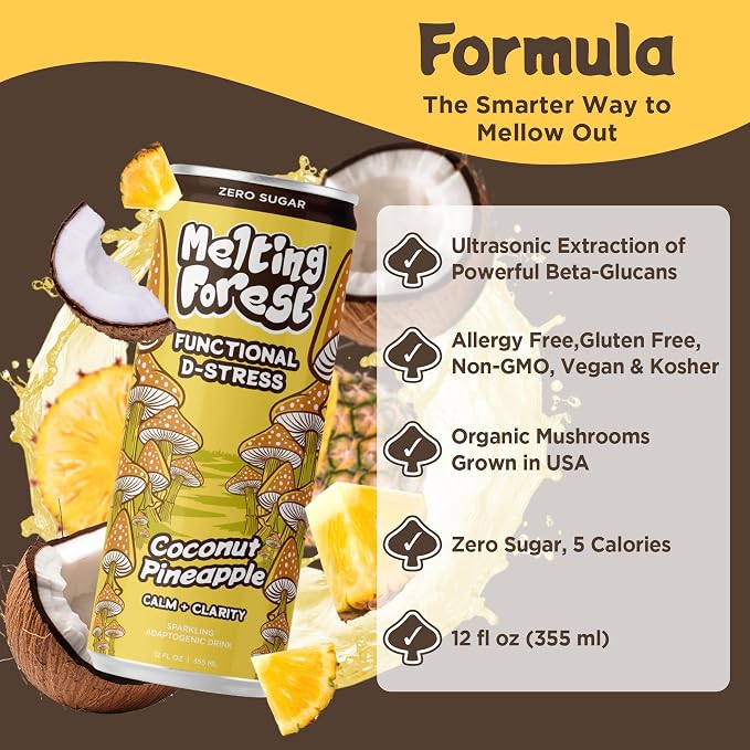 Melting Forest Functional Mushroom D-Stress - Adaptogen Drink with L-Theanine, Reishi, Lion's Mane & Magnesium - Relaxation Drinks for Stress Relief - 0 Sugar, 5 Calories - Coconut Pineapple (12-Pack)