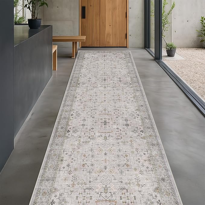 Hazo Haus Boho Washable 3x20 Extra Long Hallway Runner Rug, Neutral Light Gray & Sage Large Kitchen Floor Rug Indoor, Non-Slip Stain & Fade Resistant, Vintage Floral Décor