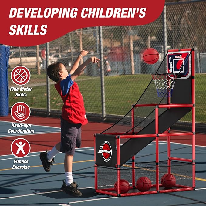 Basketball Arcade Game Indoor Outdoor, Kids Basketball Hoop with 4 Balls & Pump, Single Shot Basketball Game at Home, Carnival Games Sport Toys for Boys Girls Teens