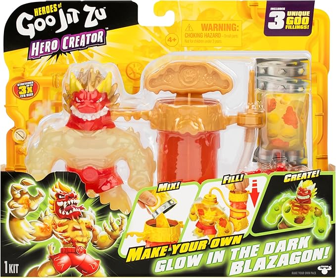 Heroes of Goo Jit Zu Hero Creator with 3 Unique Goo Fillings, Mix, Fill & Create Your Own Stretchy Glow-in-The-Dark Blazagon Action Figure, Play Again and Again