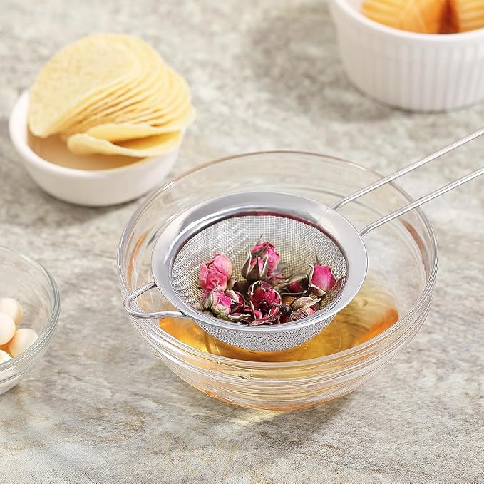 3.35 Inch Silver Fine Mesh Strainer, Stainless Steel Metal Handheld Small Mini Sieve Strainer, Kitchen Food Strainer with Handle for Cocktail, Tea, Coffee and Juice