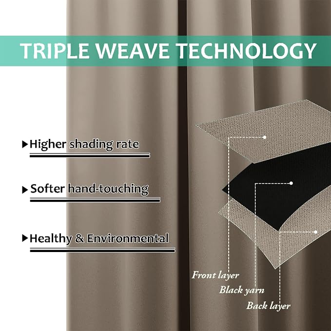 NICETOWN 100% Blackout Curtains with Black Liners, Thermal Insulated Full Blackout 2-Layer Lined Drapes, Energy Efficiency Window Draperies for Bedroom (Taupe, 2 Panels, 52-inch W by 63-inch L)