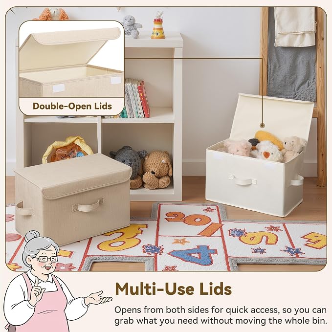 GRANNY SAYS Memory Keepsake Storage Box, Fabric Storage Bins with Lids | Flip-Top Lid, Collapsible, Stackable, 3 Handles, Ideal for Closet Clothes Blanket Toys, Large, Ivory White&Khaki, 2-Pack