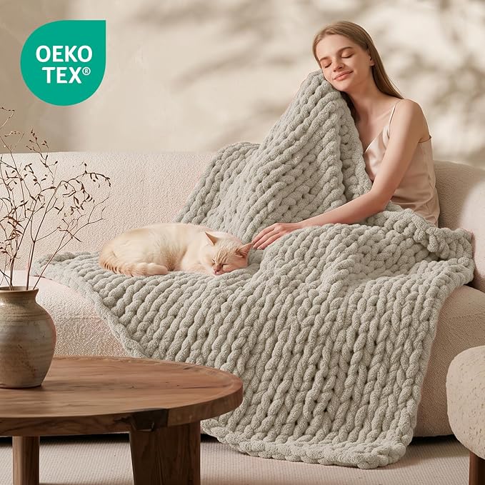 L'AGRATY Chunky Knit Throw Blanket for Couch, 50 x 70 Inches, Light Linen | Handmade Chenille Crochet Blanket for Sofa Bed, Thick Cable Knitted Blankets for Room Home Decor, Birthday Gift for Women Mom