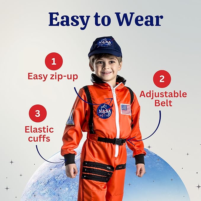 Dress Up America Kids NASA Astronaut Costume – Orange Space Suit with Cap – Realistic Halloween & Dress-Up Outfit