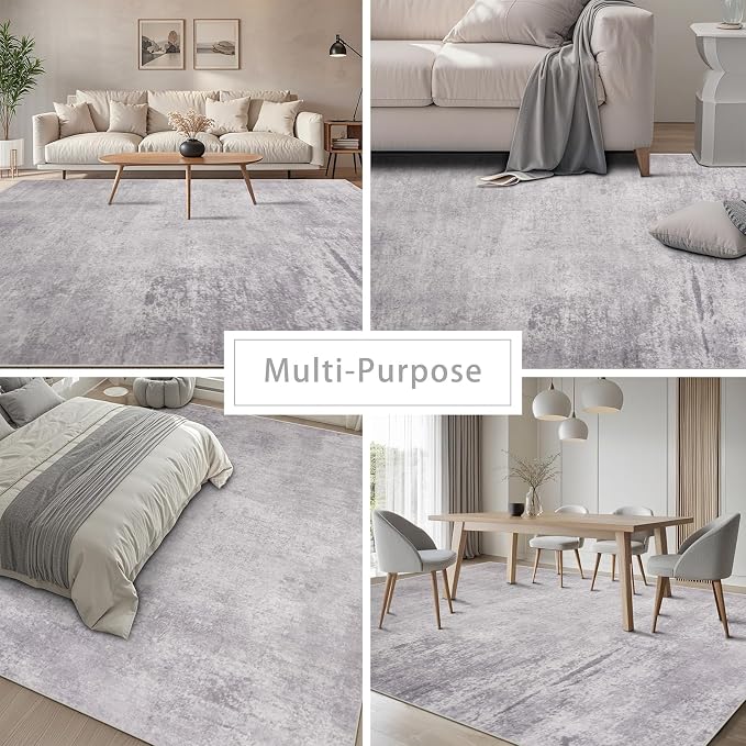 Srugn Washable Rugs 8x10 Area Rugs for Living Room,Modern Abstract Rugs for Bedroom,Large Carpets,Ultra Soft Faux Wool Retro Dining Room Rug,Non Slip&Non-Shedding Low Pile Print Rug- Grey