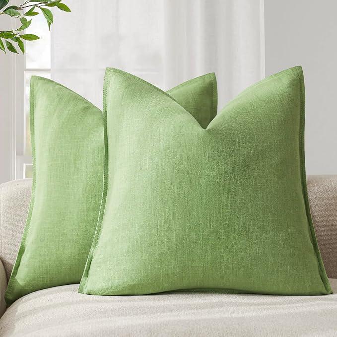 Foindtower Pack of 2, Decorative Linen Solid Throw Pillow Covers Soft Accent Euro Cushion Case Boho Farmhouse Pillowcase for Chair Couch Sofa Bedroom Living Room Home Decor 18 x 18 Inch Lime Green