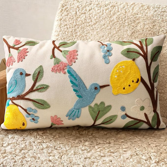 Embroidered Lumbar Pillow Cover 20x12 Inch, Bird Lemon | Decorative Throw Pillow Cover, Farmhouse Cushion Case with Hidden Zipper, Cottagecore Decor for Couch, Sofa, Living Room