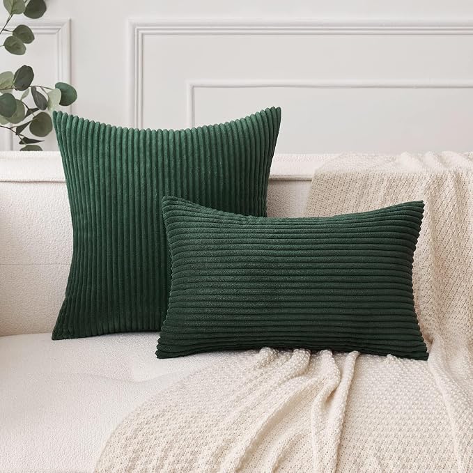 MIULEE Decorative Corduroy Throw Pillow Covers Set of 2 18x18 Army Green | Soft Striped Textured Cushion Cases, Boho Natural Greenery Pillowcases for Home Decor, for Couch Chair Sofa Bed Living Room