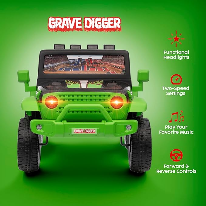 Monster Jam - 12V Kids Ride On Jeep with Rechargeable Battery, LED Headlights, Press-Button Start, Durable Wheels, Forward & Reverse Drive, Contoured Seat
