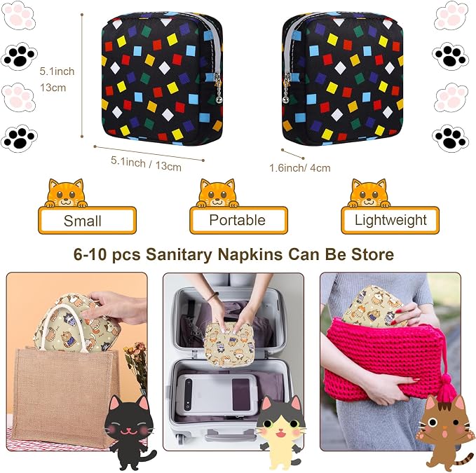 Likesing Period Bag Pouch, Canvas Sanitary Napkin Storage Bag for Girls Womens, Portable Sanitary Napkin Period Pad Pouch for Purse, Small Make Up Bags(Black Diamond)