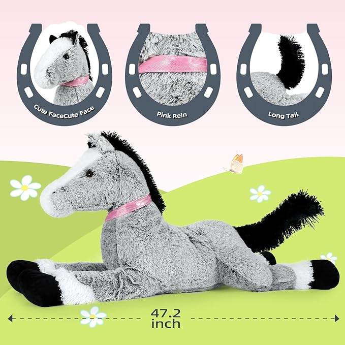 MaoGoLan Large Horse Stuffed Animal for Boy, Big Horse Plush Toy for Girl, Ridable Stuffy Pony for Kid, Stuffed Pony Plush Pillow for Baby Shower, Birthday Gifts or Party Favor, 47 inches, Gray