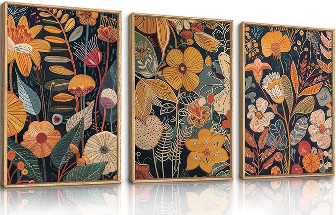 FWIEXA Boho Orange Floral Framed Wall Art Set of 3, Modern Botanical Canvas Wall Prints, Brunt Rust Pictures Wall Decor, 16x24 Inches Fall Plant Painting for Living Room, Bedroom, Office