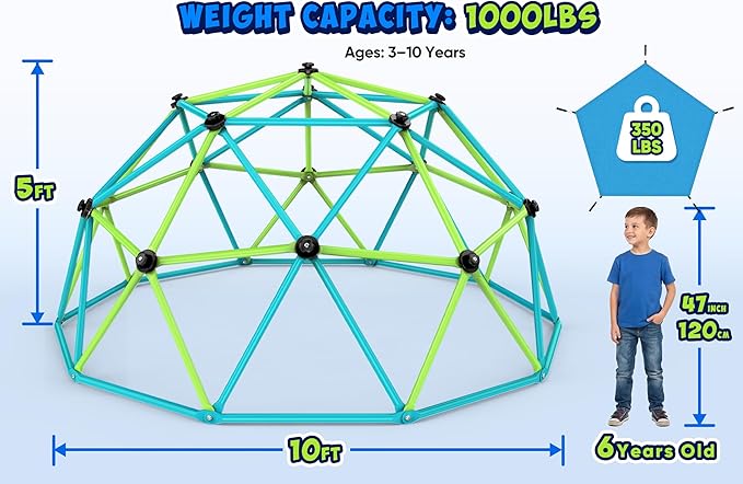 Zupapa 10FT Climbing Dome with Hammock, Outdoor Jungle Gym for Kids, Geometric Dome Climber Supporting 1200LBS Outdoor Play Equipment, Cyan&Green