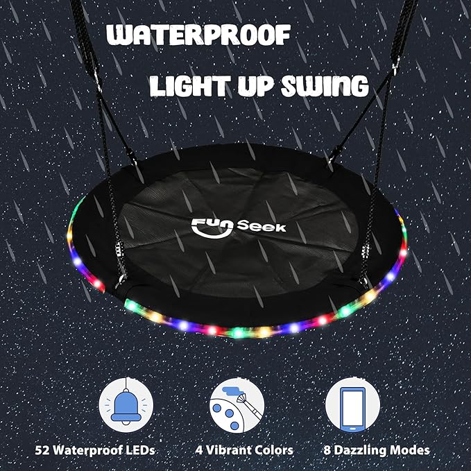 40 Inch Tree Swing with LED Light for Kids, 900lbs Flying Saucer Swing, with Adjustable Hanging Straps, for Indoor and Outdoor, Great Gifts for Kids (40INCH)