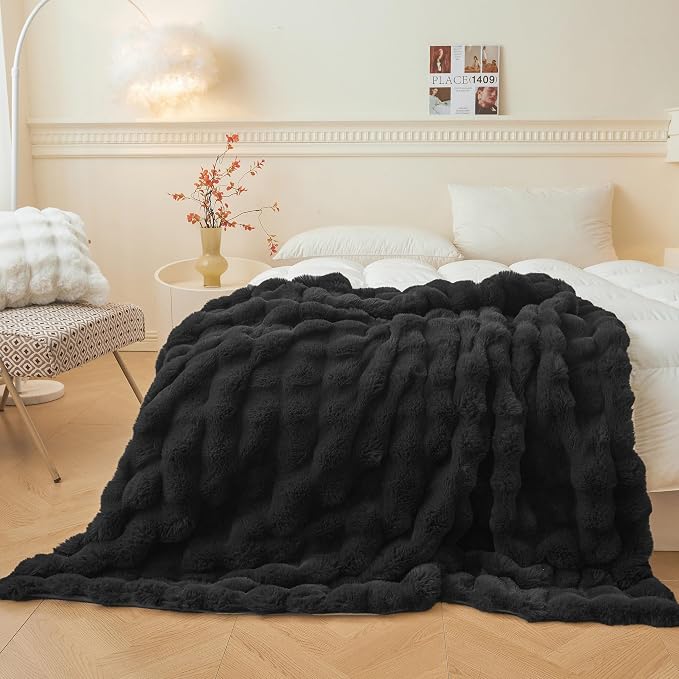 LIFEREVO Luxury Fluffy Faux Rabbit Fur Throw Blanket 50x60, Black | Plush Bubble Blanket for Bedroom Living Room Office, Decorative Soft Furry Lap Throw for Kids Girls Teens Adults, Washable