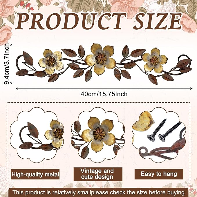 Wesiti Metal Flower Wall Decor Vintage Metal Flower Wrought Iron Scroll Sculpture 15.7''x3.7'' Not 3D, Flat Farmhouse Leaf Wall Decor with Nails for Summer Bedroom Kitchen Indoor Outdoor(Gold)