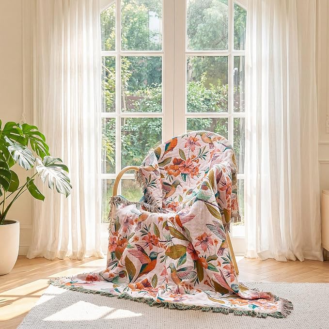 LUTBM Boho Throw Blanket for Bed 60"x80", 100% Cotton Soft Couch Blankets | Reversible Floral Bird Jacquard, All-Season Lightweight Breathable Twin Quilt, For Chair Sofa Bedroom Living Room, Home Decor