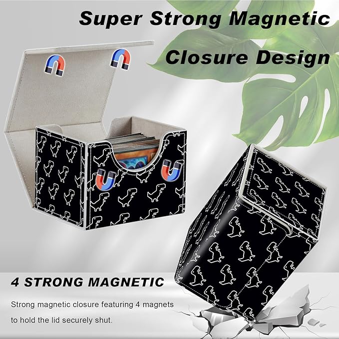 DEGDFSGR for TCG MTG Card Game Storage Box Organizer Trading Card Case Commander Deck Box Magnetic Closure Creative Pattern Up to 200 Cards, Little Dinosaur Black