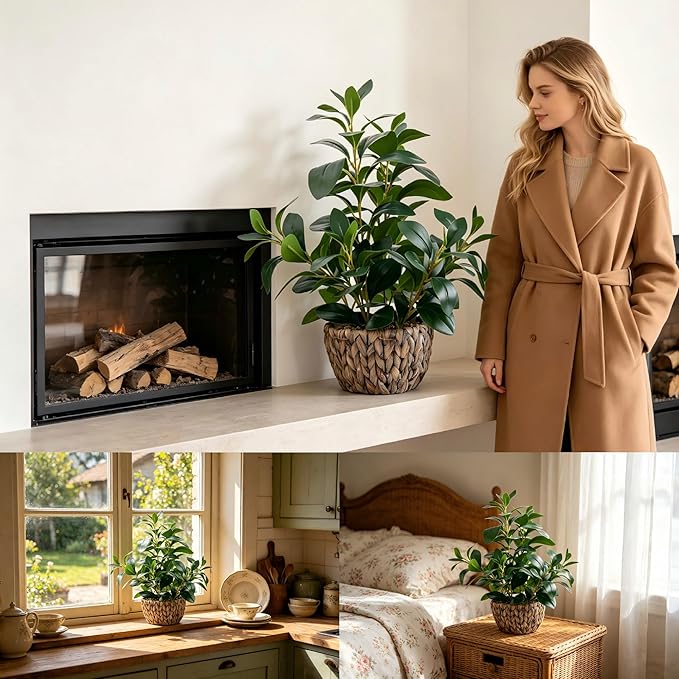AlphaAcc Fake Indoor Ficus Plant in Rattan Basket Planter Home Office Decor | Realistic 18.8“ faux ficus plant in woven rattan basket with pebbles ideal home living room office table desk shelf decor