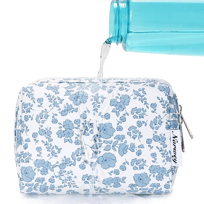 Narwey Small Cute Floral Makeup Bag for Purse Mini Cosmetic Bag Travel Makeup Pouch Zipper Pouch Cute Make up Bags with Compartments for Women Girls (Blue Flower, Small)