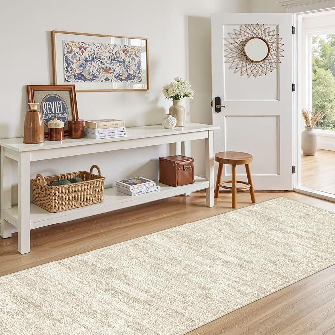UERMEI 2x6 Washable Runner Rug for Hallway, Non Slip Low Pile Kitchen Carpet, Neutral Modern Abstract Indoor Floor Mat for Entryway Laundry, Kid & Pet Safe High Traffic Area, Beige/Brown