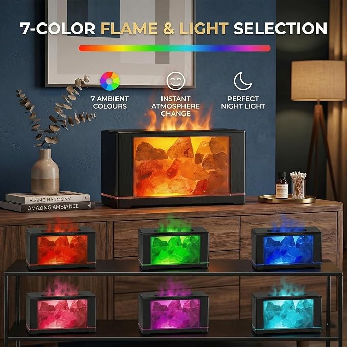 3 in 1 Ultrasonic Essential Oil Diffuser & Himalayan Salt Lamp, Flame Aromatherapy Diffuser Cool Mist Humidifier with 7 Color Lights, 100% Pure Pink Salt Rock, Auto-Off & Timer, 100ML (Black)