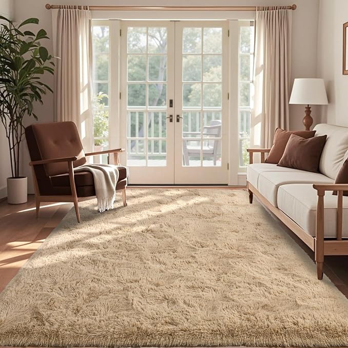 5x7 Ft Shag Beige Rugs for Bedroom Living Room, Ultra Soft Fluffy Furry Area Rugs for Playroom Indoor Floor, Aesthetic Carpet for Kids Home Decor