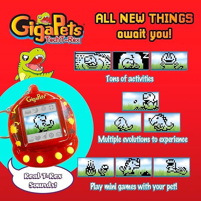Giga Pet 2-in-1 T-Rex Dinosaur Virtual Pet for Kids, 90s Throwback Upgraded Collector’s Edition, Animal Care Skills Through Play