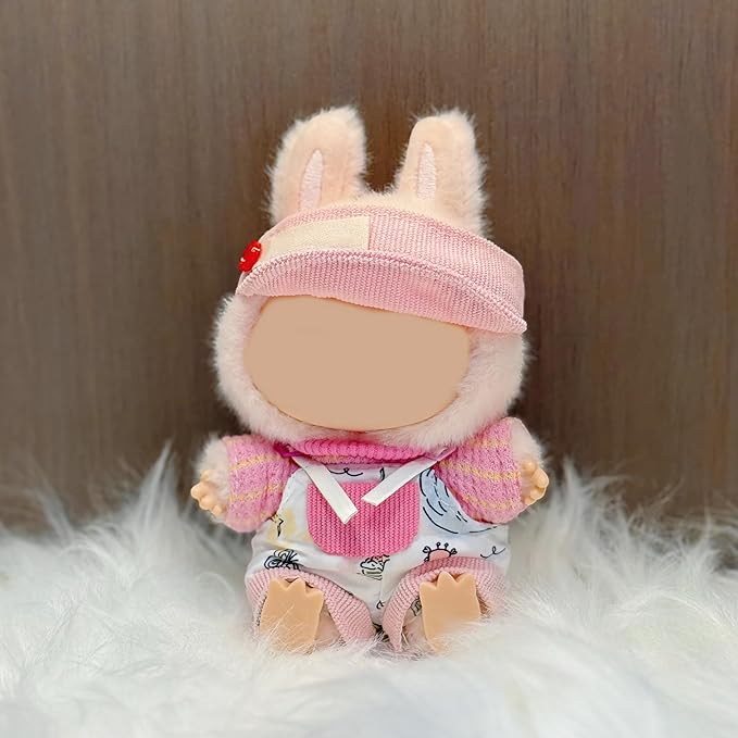 Doll Clothes Set for 15cm/17cm Dolls Outfit Accessories, Pink hat + Overalls + Yellow and Pink Short-Sleeved Knitted Sweater + Clothes Hanger, No Doll Included (NO Dolls)