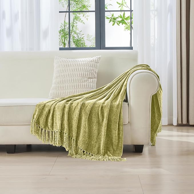 CozeCube Chenille Throw Blanket, Sage Green Fringe Blanket, 50"X60" | For Couch, Cozy Plush Fuzzy Decorative Blanket with Fringe Tassels, Lightweight Throws for Bed Sofa Gift Home Decor