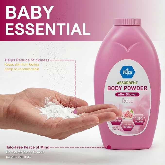 MED PRIDE Talc-Free Cornstarch Body Powder, Rose Scent, 13 oz Bottle
