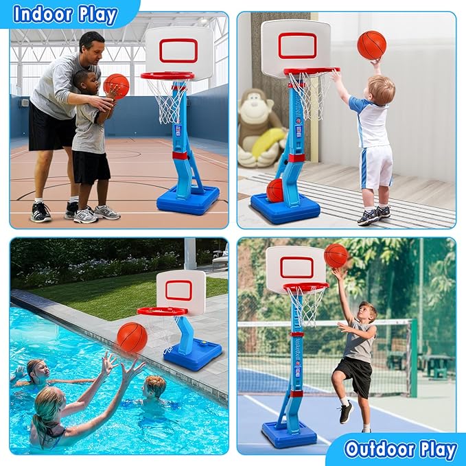 Toddler Basketball Hoop Indoor Outdoor - Height Adjustable 27.6-54 Inches (5 Slots), Kids Basketball Hoop with 4 Inflatable Balls & Pump, Safe Toddler Toys for 1-6 Year Old Boys Girls