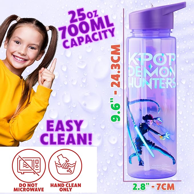 KPop Demon Hunters Officially Licensed Huntrix Water Bottle for Girls, 25oz Leak Proof with Straw Lid, Gifts for Girls