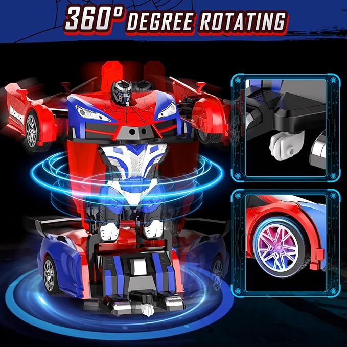 Remote Control Car for Boys 8-12 4-7, 2.4GHz RC Car 1:18 Scale, One-Button Transforming Toy with 360° Spins, LED Lights