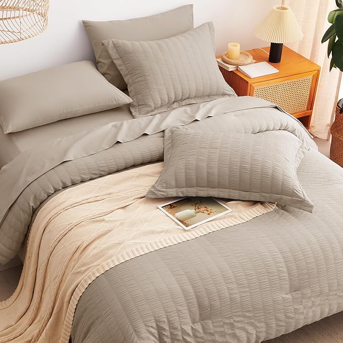 CozyLux Full Size Comforter Sets with Sheets 7 Pieces, Khaki Seersucker Bed in a Bag Textured Luxury Soft Bedding Sets with Down Alternative Comforter, Sheets, Pillowcases & Shams for All Season