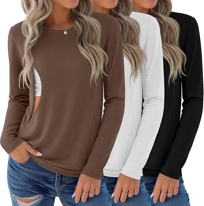 3 Pack Nursing Tops for Breastfeeding Maternity Shirts Zipper Long Sleeve Round Neck Knit Casual Nursing Clothes
