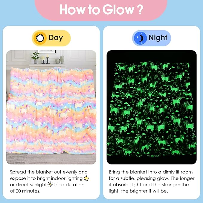 Glow in The Dark Blanket Unicorns Gifts for Kids, Soft Unicorns Blanket Gift Toys for Toddler Girls Age 2-16 Birthday Christmas 50""x60"", A0003