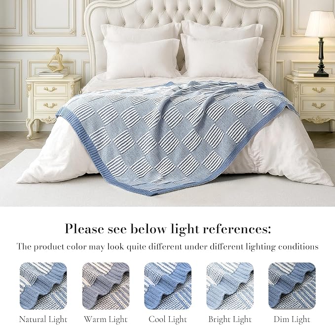 Knit Throw Blanket, Soft Chenille Cozy Breathable Dual Tone Checkered Chunky Decorative Blanket for Couch, Bed & Sofa, French Lightweight Warm Gift for Women, Washed Blue, 50"x60"
