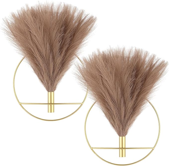 Pretty Jolly Boho Pampas Wall Decor Gold Metal Wall-Mounted Art | Morden Artificial Greenery Display，2 Pack Coffee Hanging Planter For Living Room, Bedroom, Bathroom, Dining room